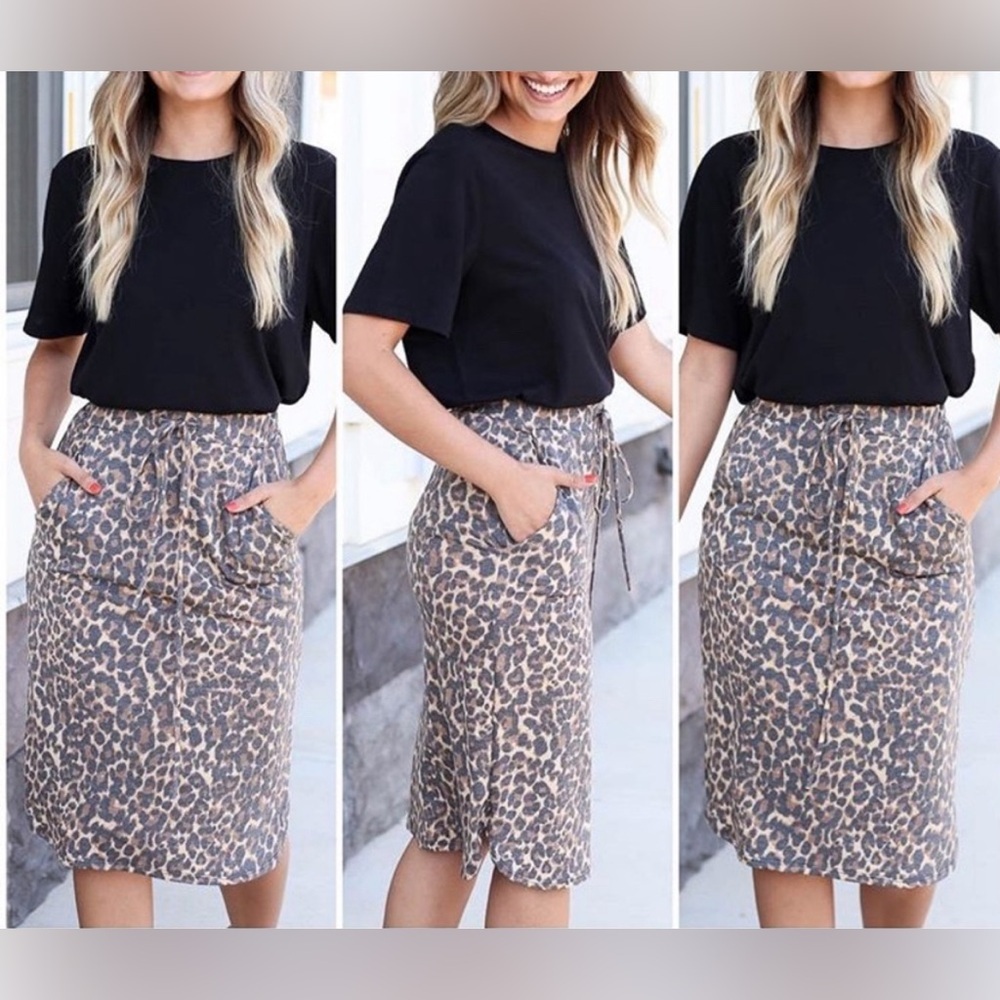 First Love Leopard Print Brown Black Soft Stretchy Midi Skirt Pockets M Medium
